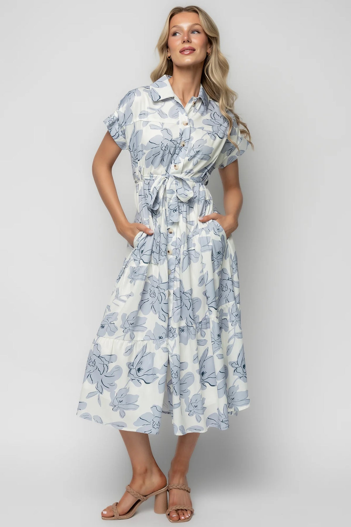 Claire Button Up Midi Dress | Ivory + Blue Floral