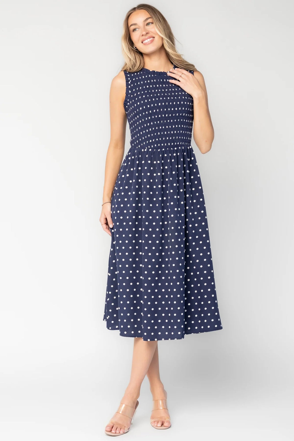 Alex Smocked Midi Dress | Navy Dot