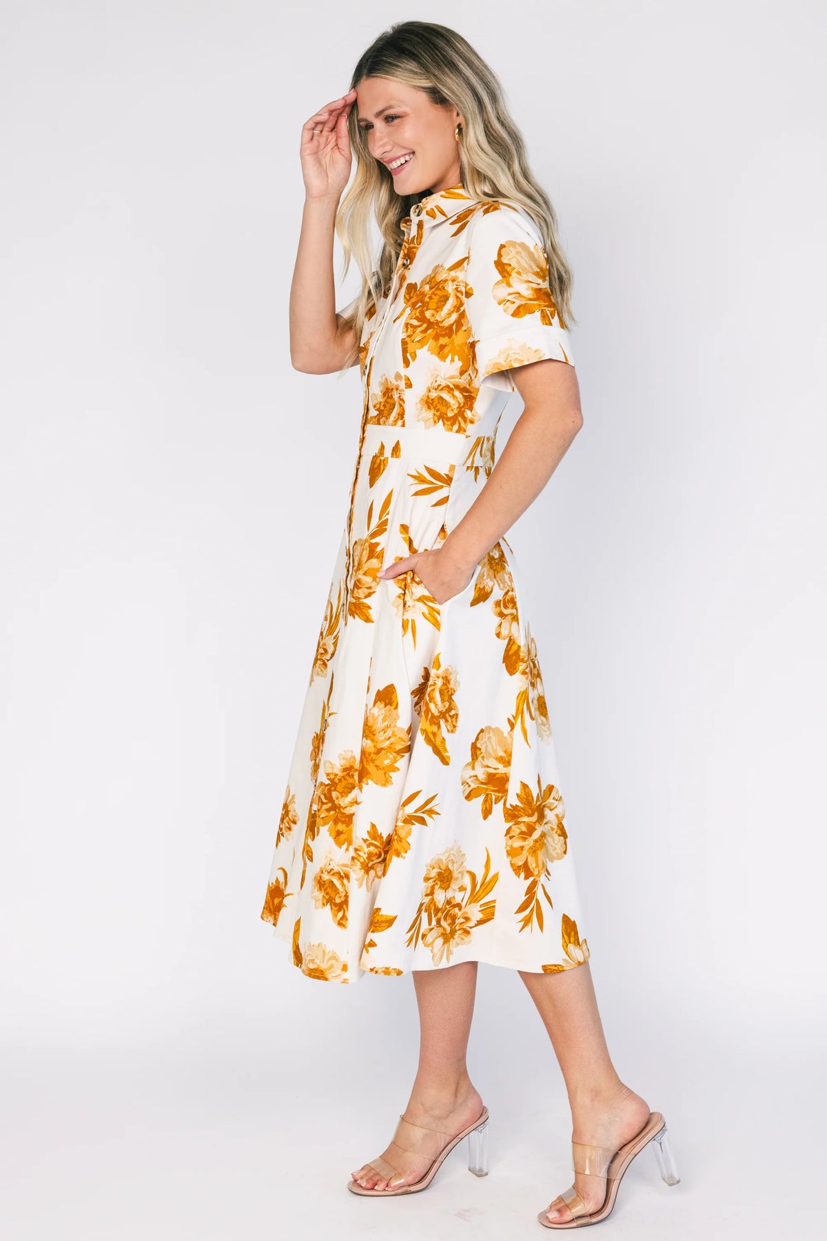 Selena Button Up Dress | Ivory + Golden Floral