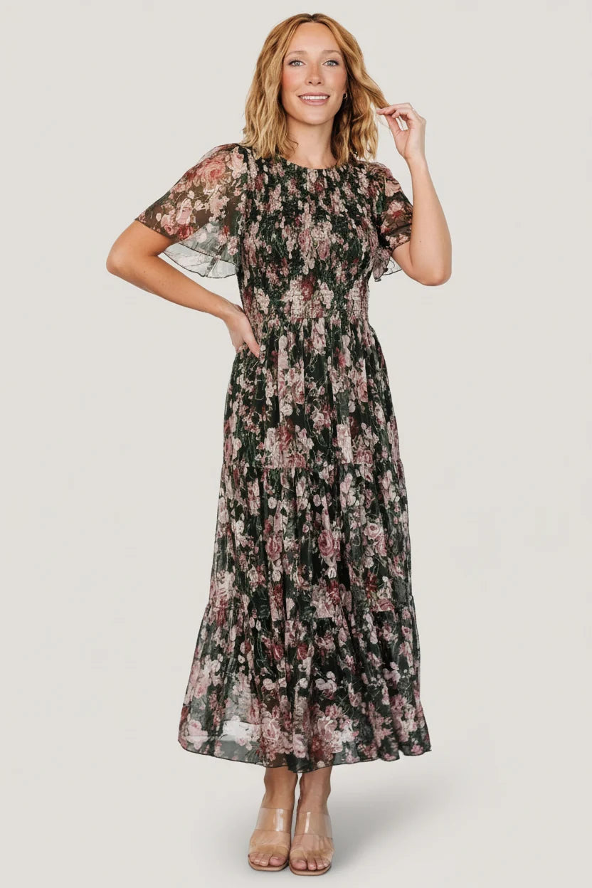 Mara Embroidered Tulle Dress | Dark Green + Blush Floral