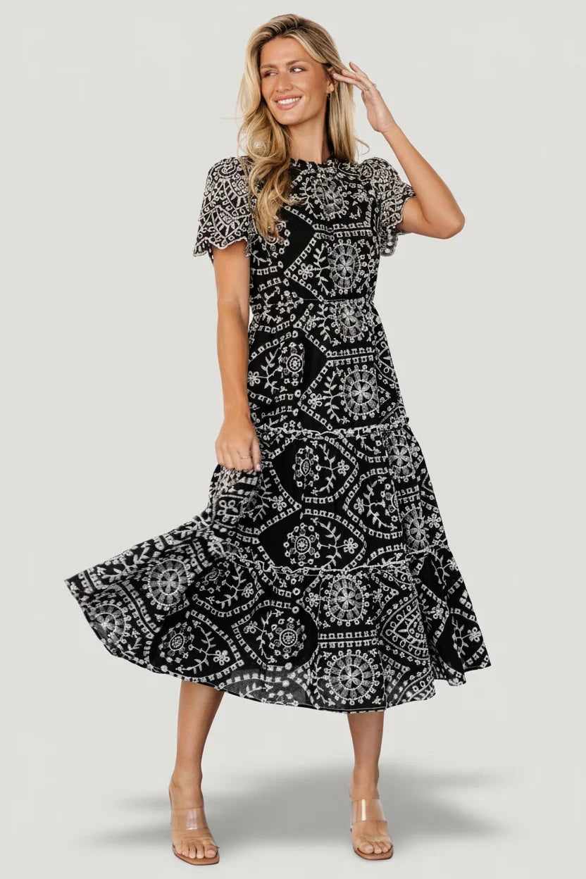 Mirabel Eyelet Midi Dress | Black + White