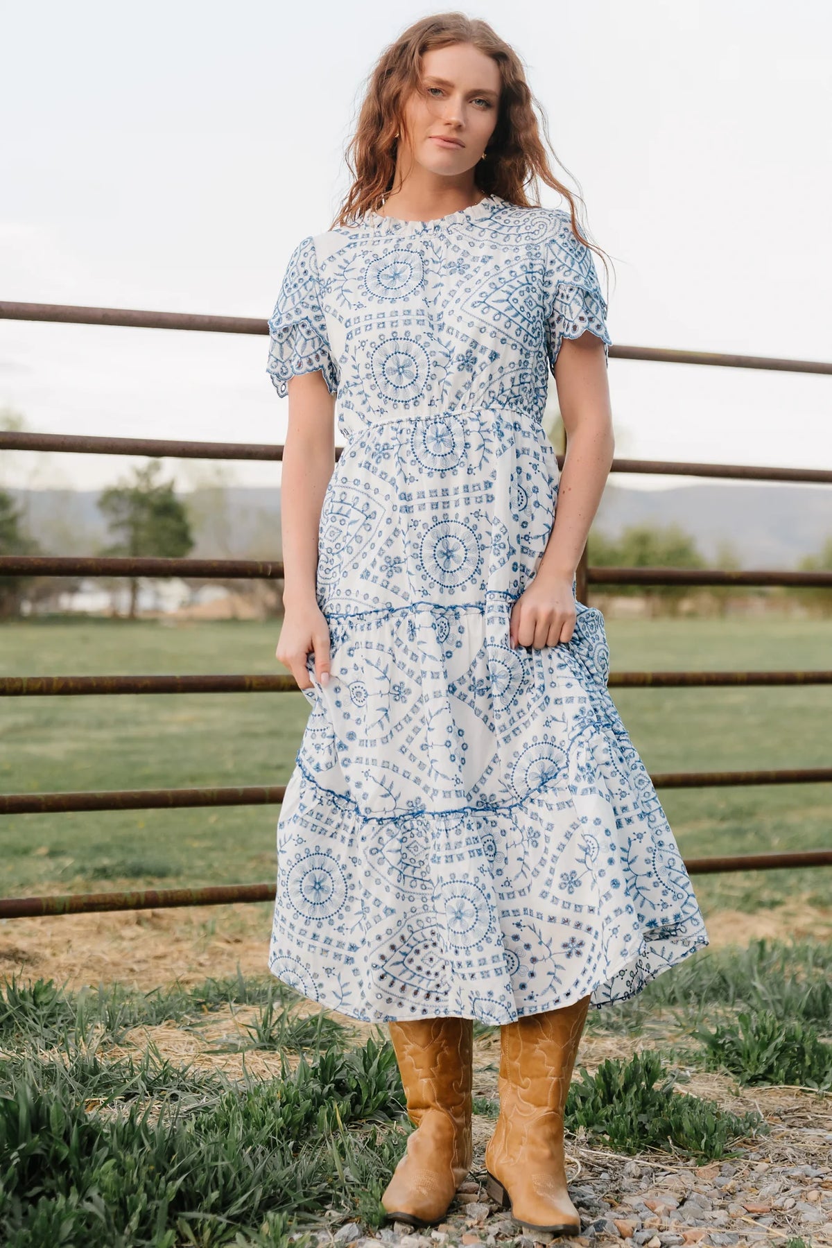 Mirabel Eyelet Midi Dress | White + Blue