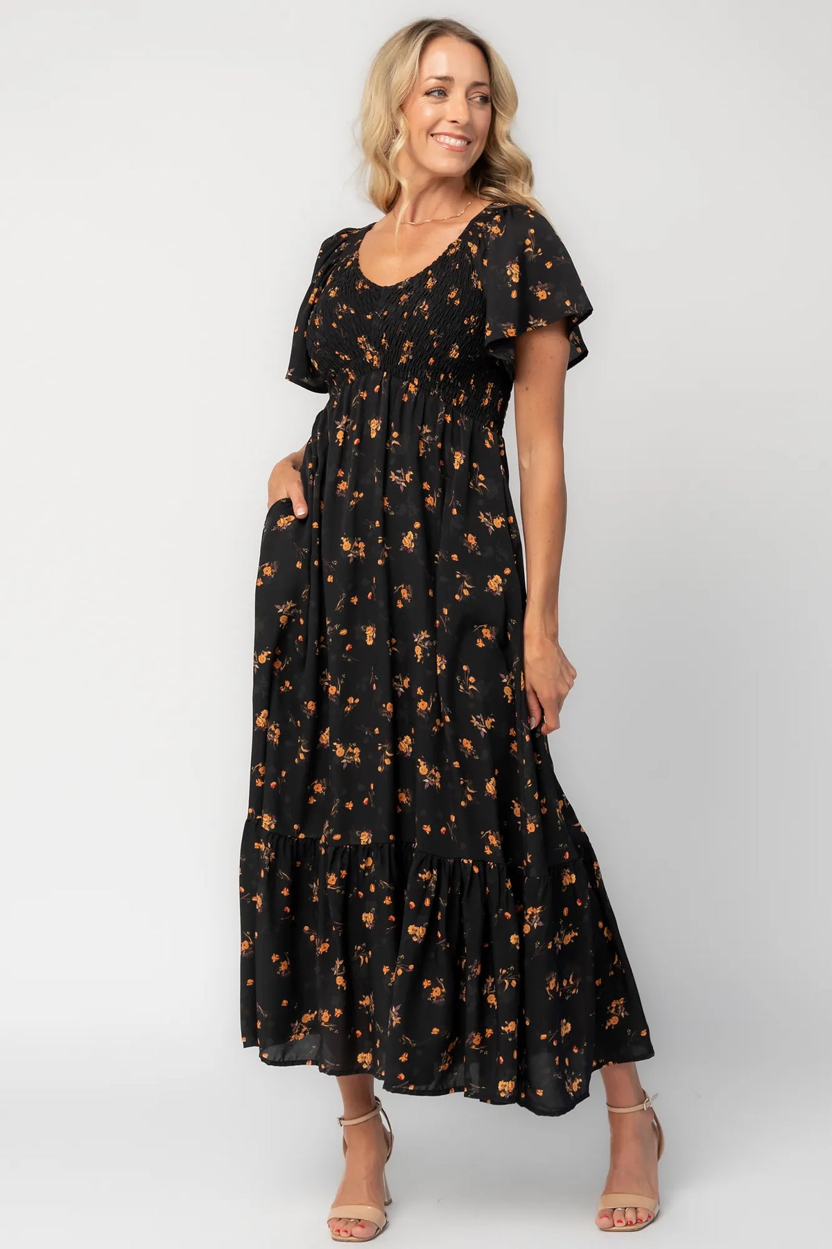 Joanie Smocked Dress | Black Golden Floral
