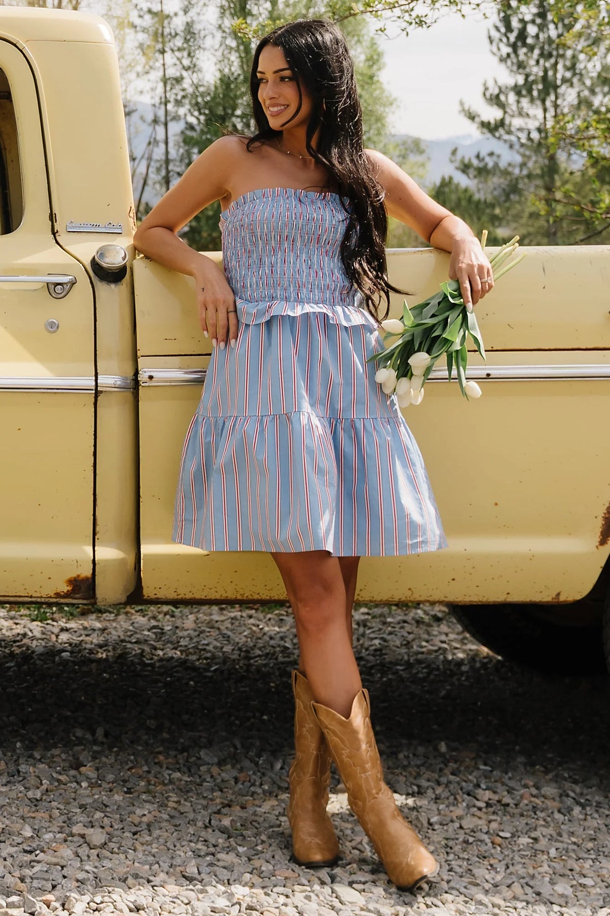 Madelyn Strapless Short Dress | Light Blue Stripe