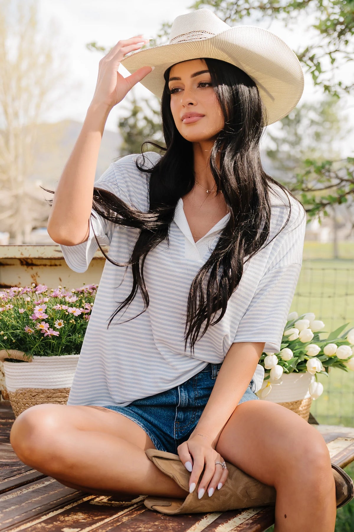 Billie Open Collar Top | Light Blue + White