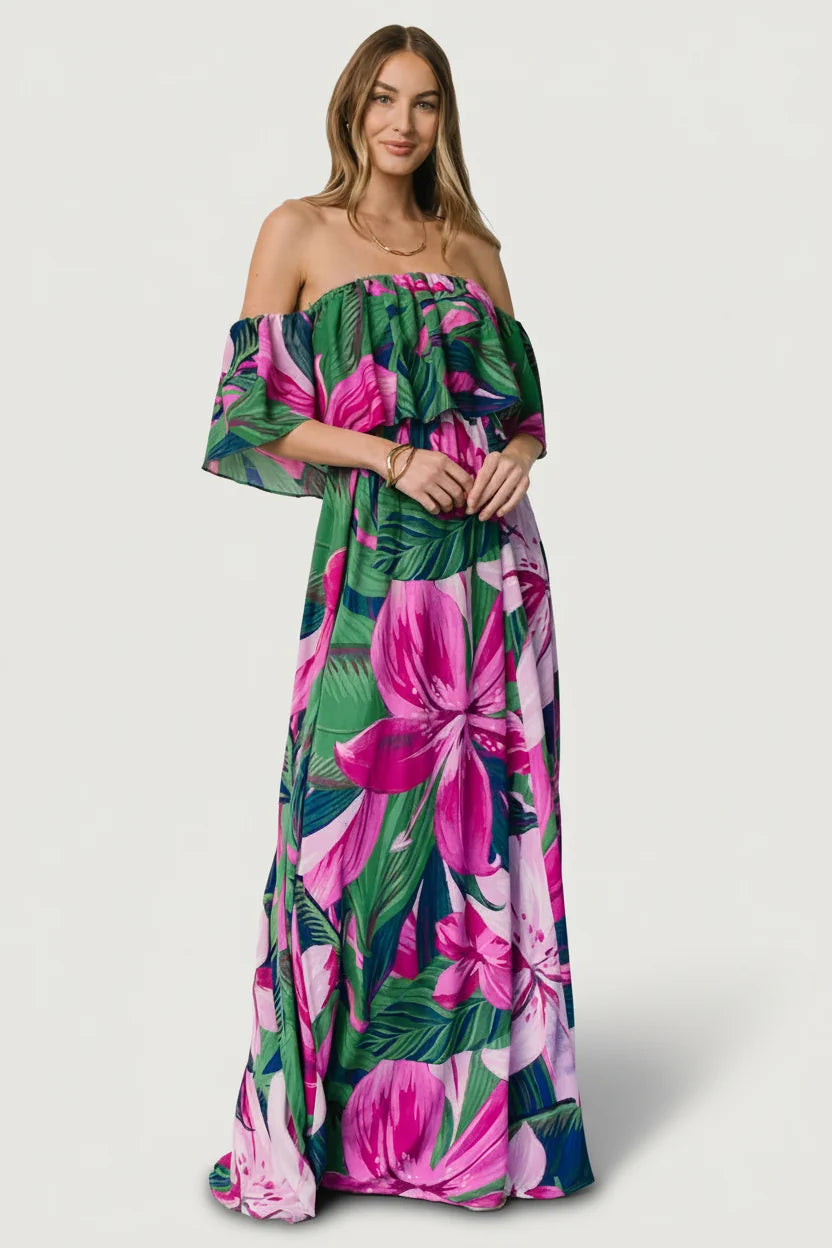 Azalea Off Shoulder Maxi Dress | Green + Fuchsia Floral