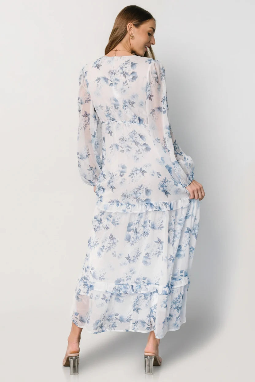 Rumi Deep V Maxi Dress | Off White + Blue Floral