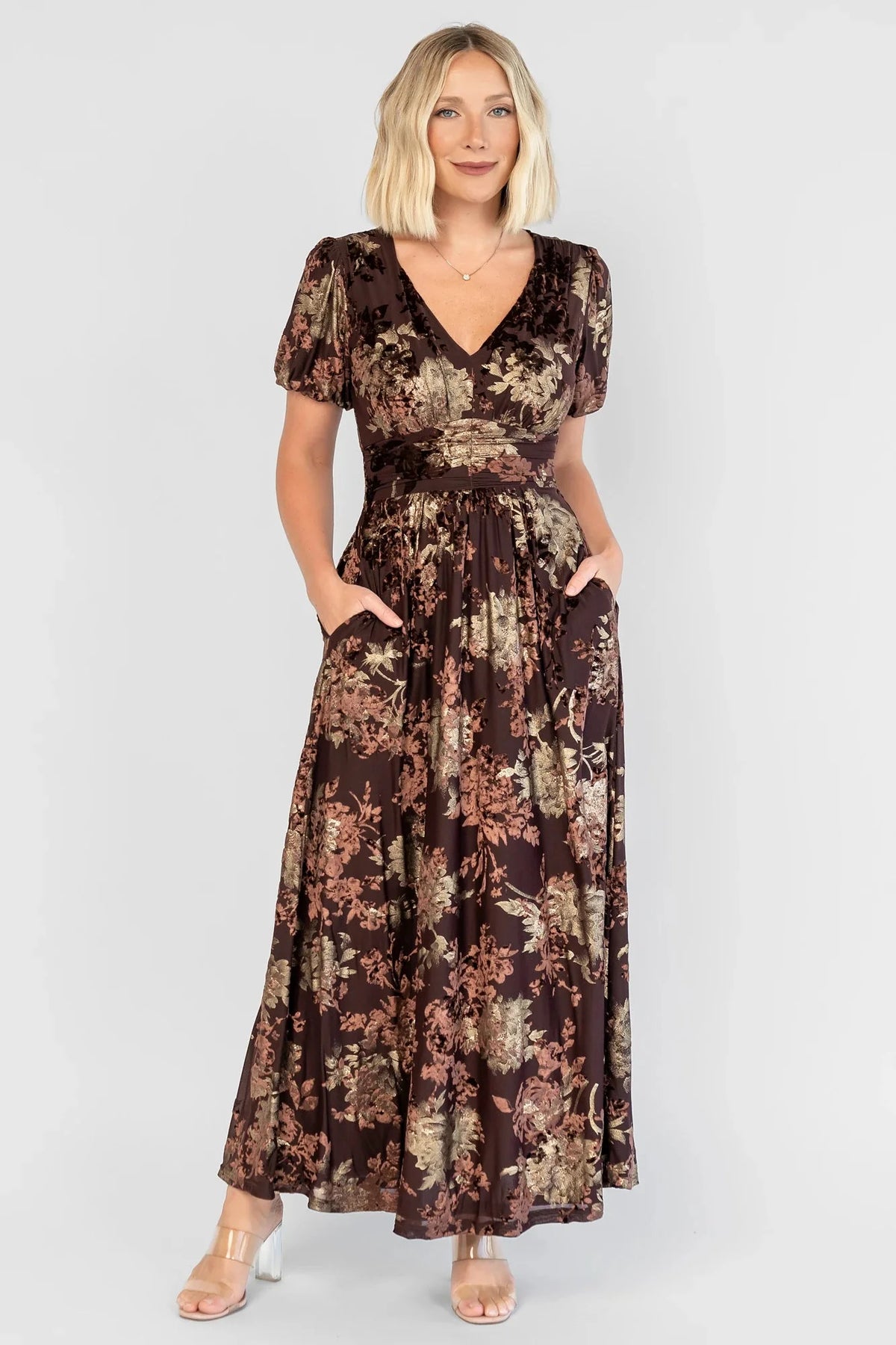 Leslie Velvet Maxi Dress | Brown + Metallic Gold