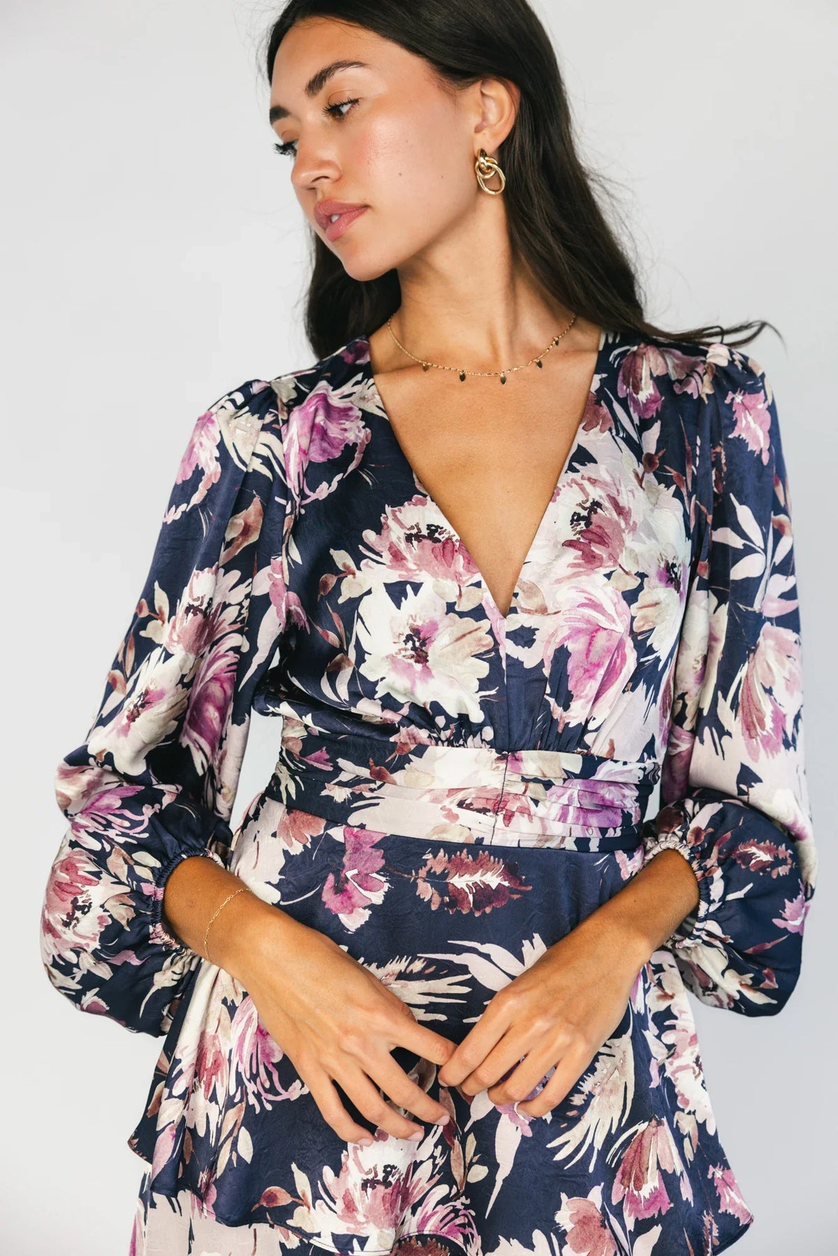 Montrouge Tiered Satin Dress | Navy + Lilac Floral