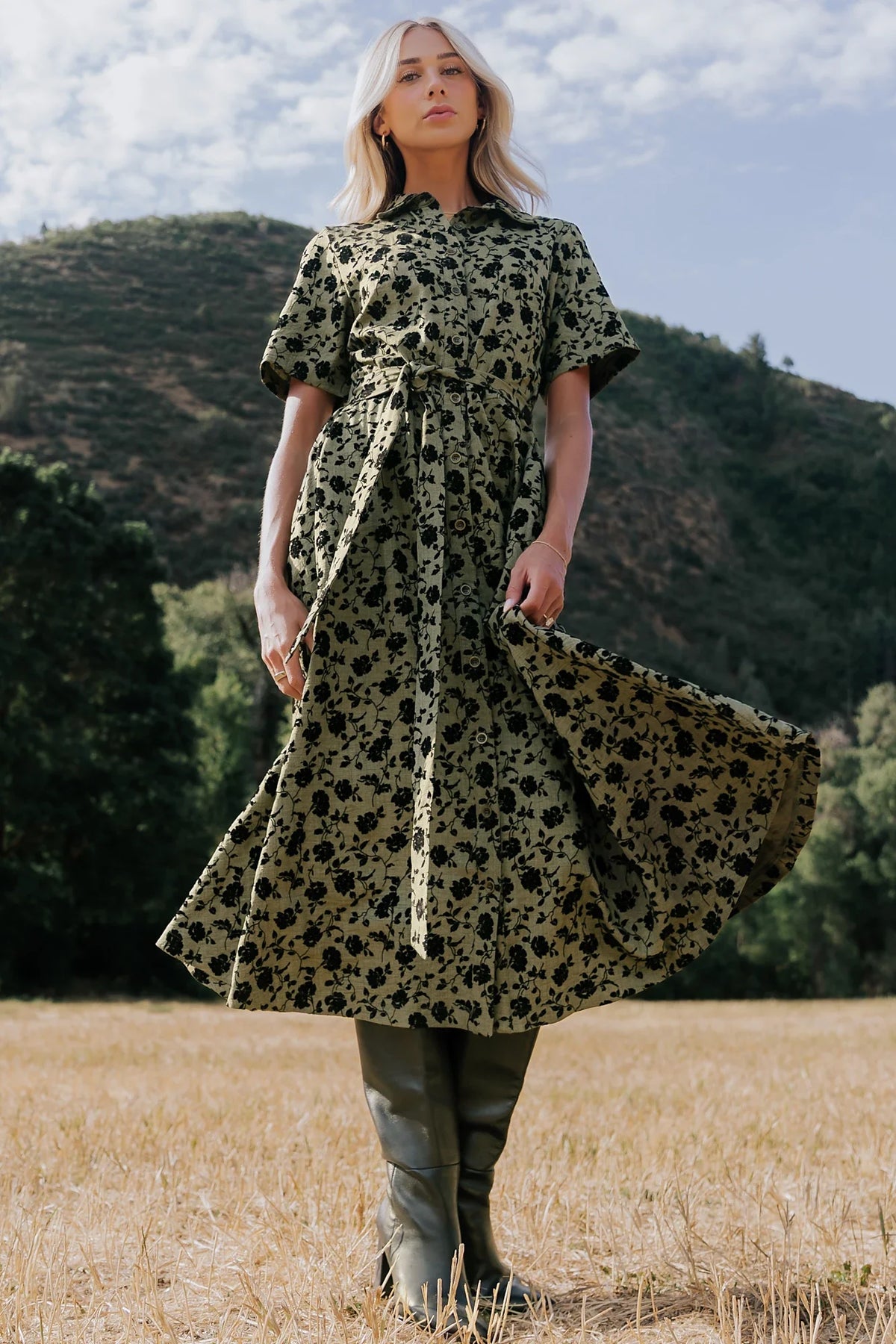 Kristen Button Up Dress | Deep Olive Floral