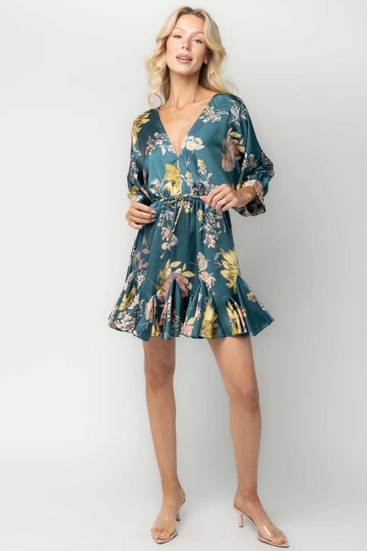 Desiree Satin Short Dress | Teal Floral