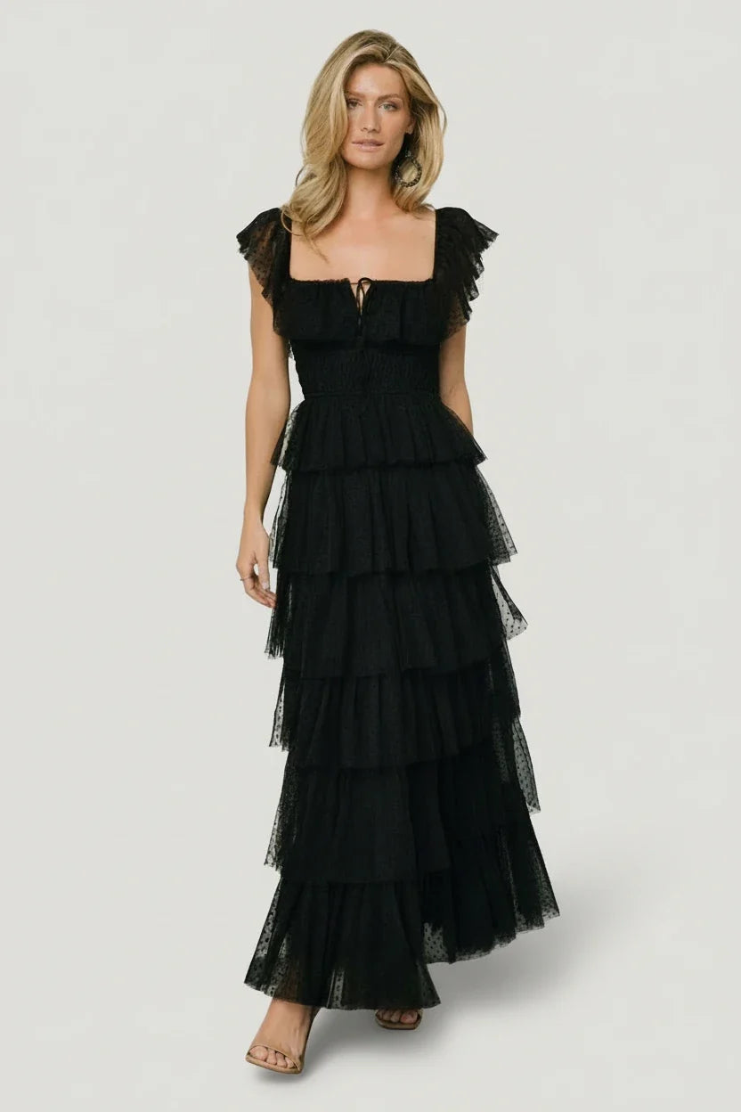 Valora Swiss Dot Tulle Maxi Dress | Black