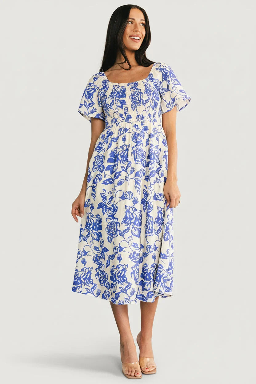 Dolores Smocked Midi Dress | Ivory + Blue Floral