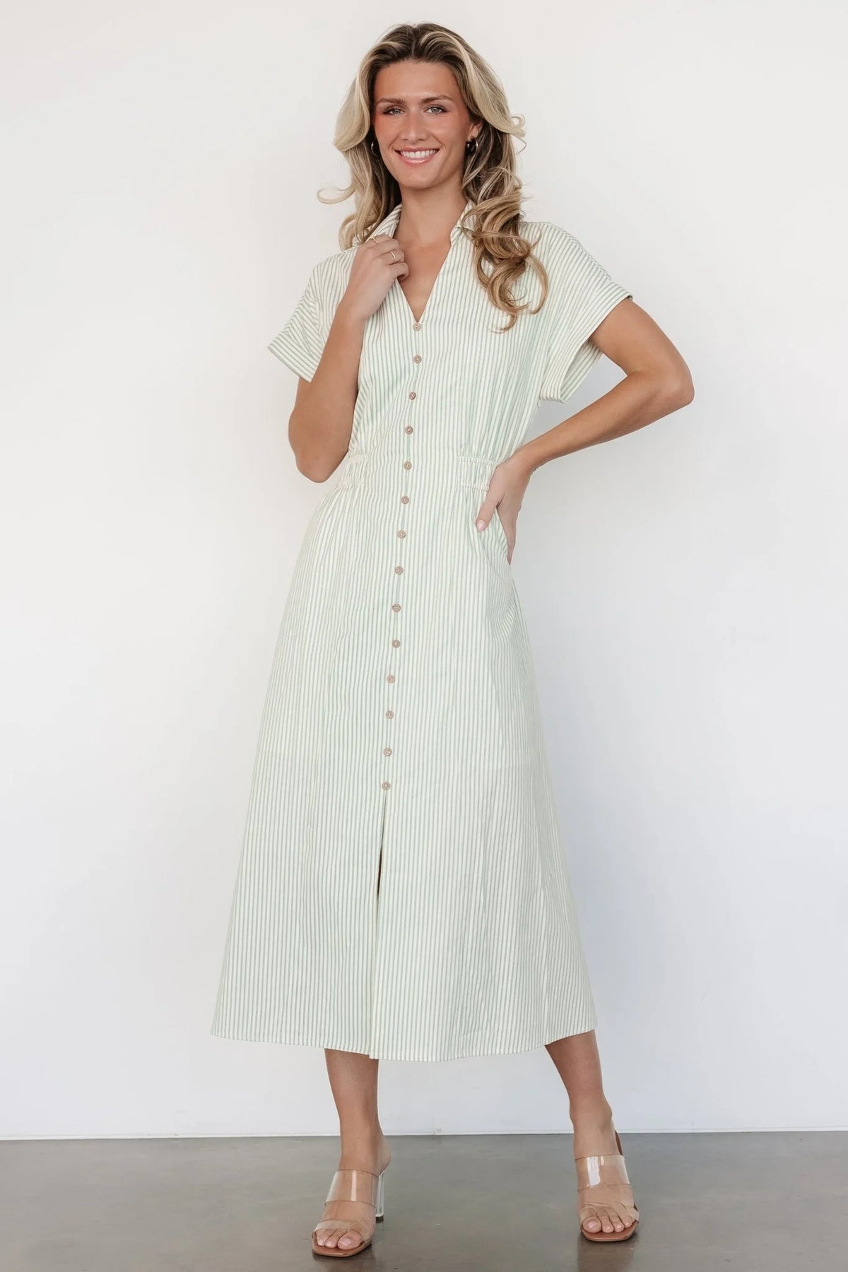 Larah Button Dress | Sage Stripe