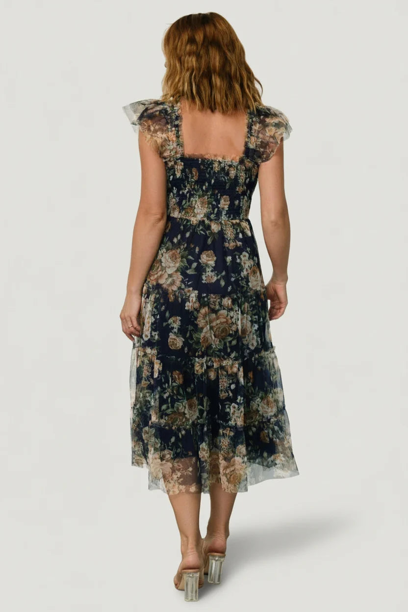 Clementine Tulle Midi Dress | Blue + Golden Floral