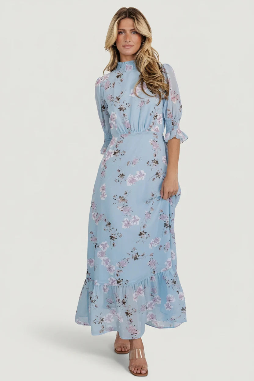 Marie Mock Neck Maxi Dress | Sky Blue Floral