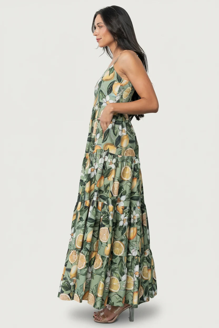 Silvia Tiered Maxi Dress | Sage Lemon Print