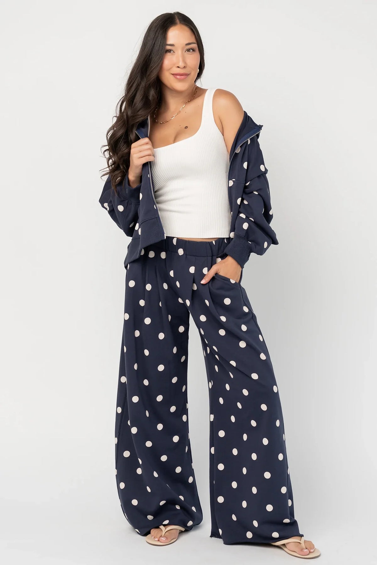 Lydia Wide Leg Sweatpants | Navy Dot