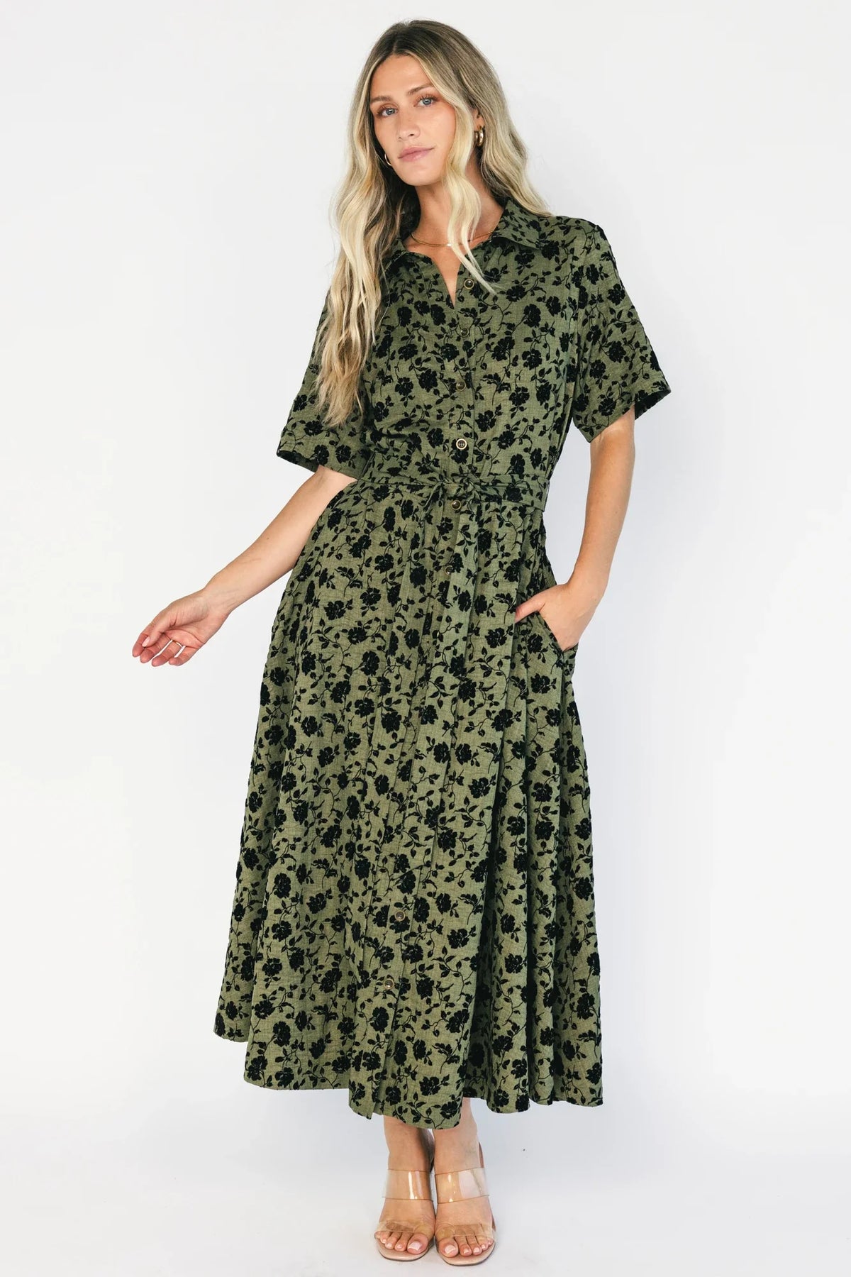 Kristen Button Up Dress | Deep Olive Floral