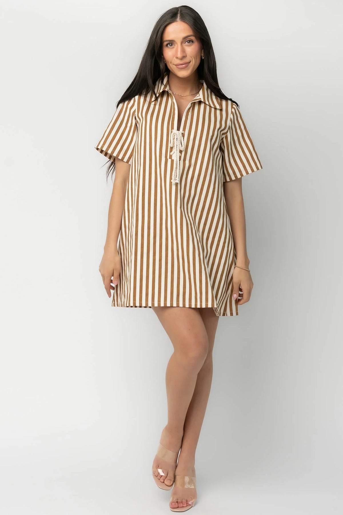 Kyler Striped Short Dress | Camel + Ivory