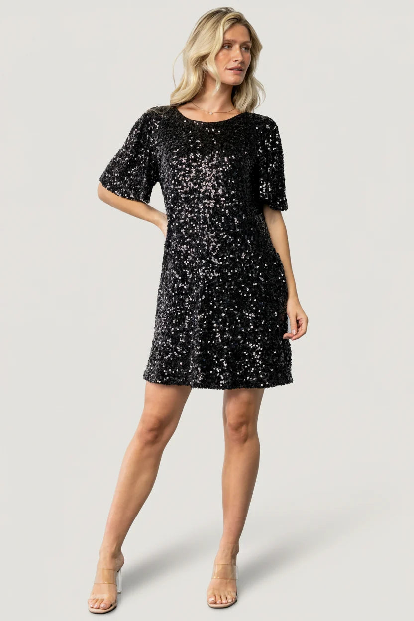 Asta Sequin Shift Dress | Black
