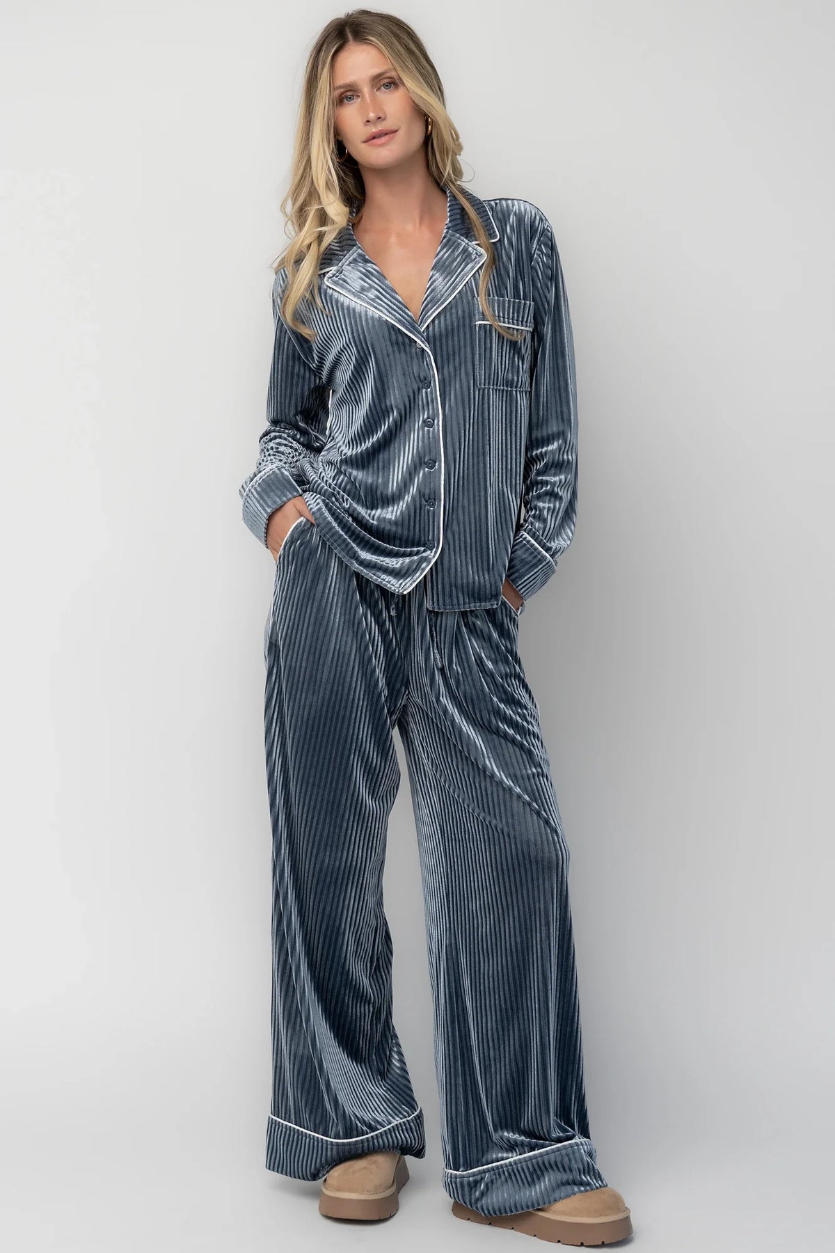 Klara Ribbed Velvet Pajama Set | Dusty Blue
