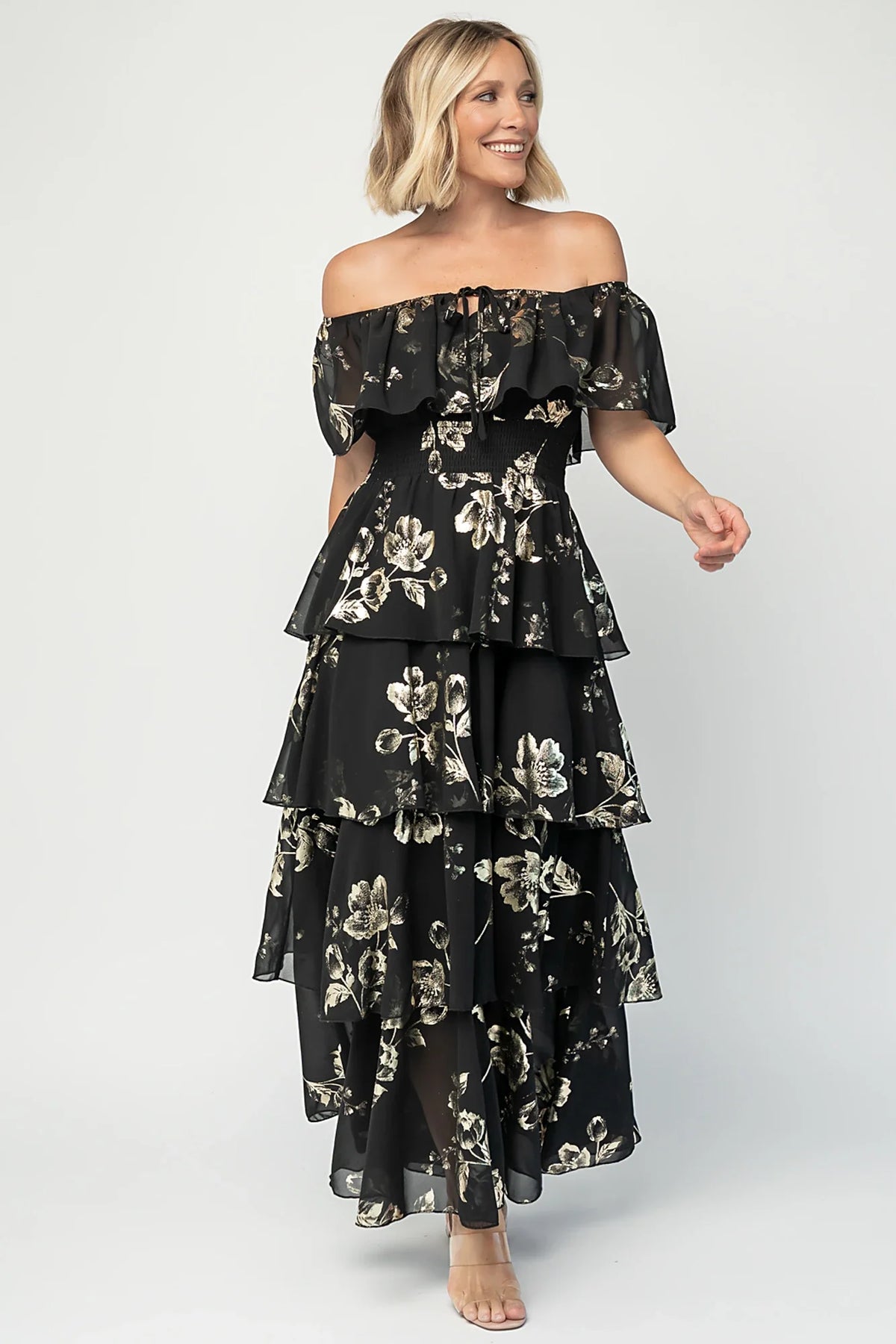 Carina Off Shoulder Maxi Dress | Black + Gold
