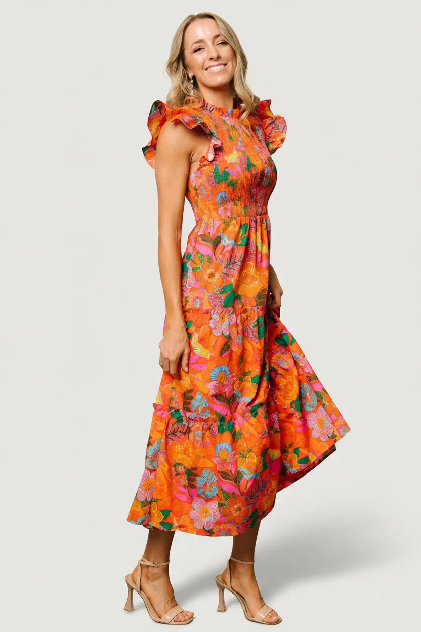 Emily Smocked Tier Dress | Orange Floral