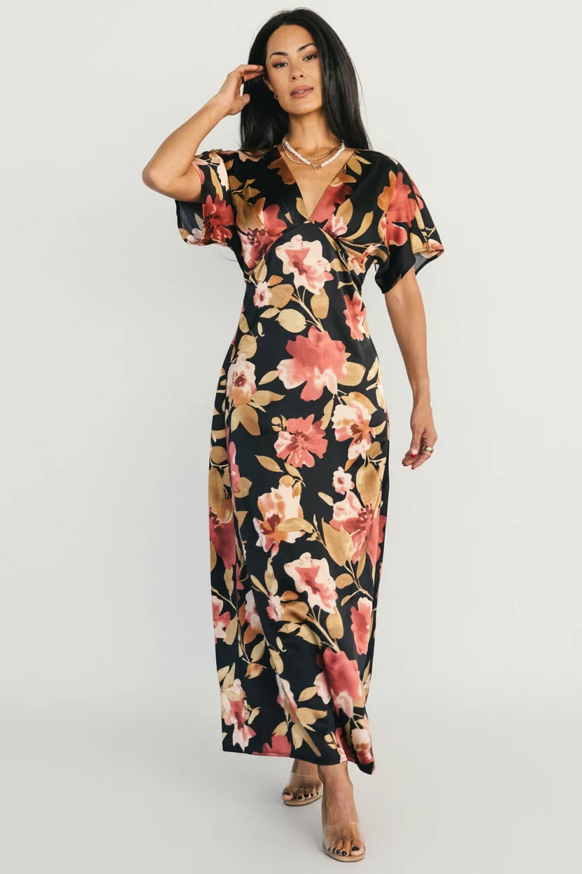 Milana Satin Maxi Dress | Black Floral