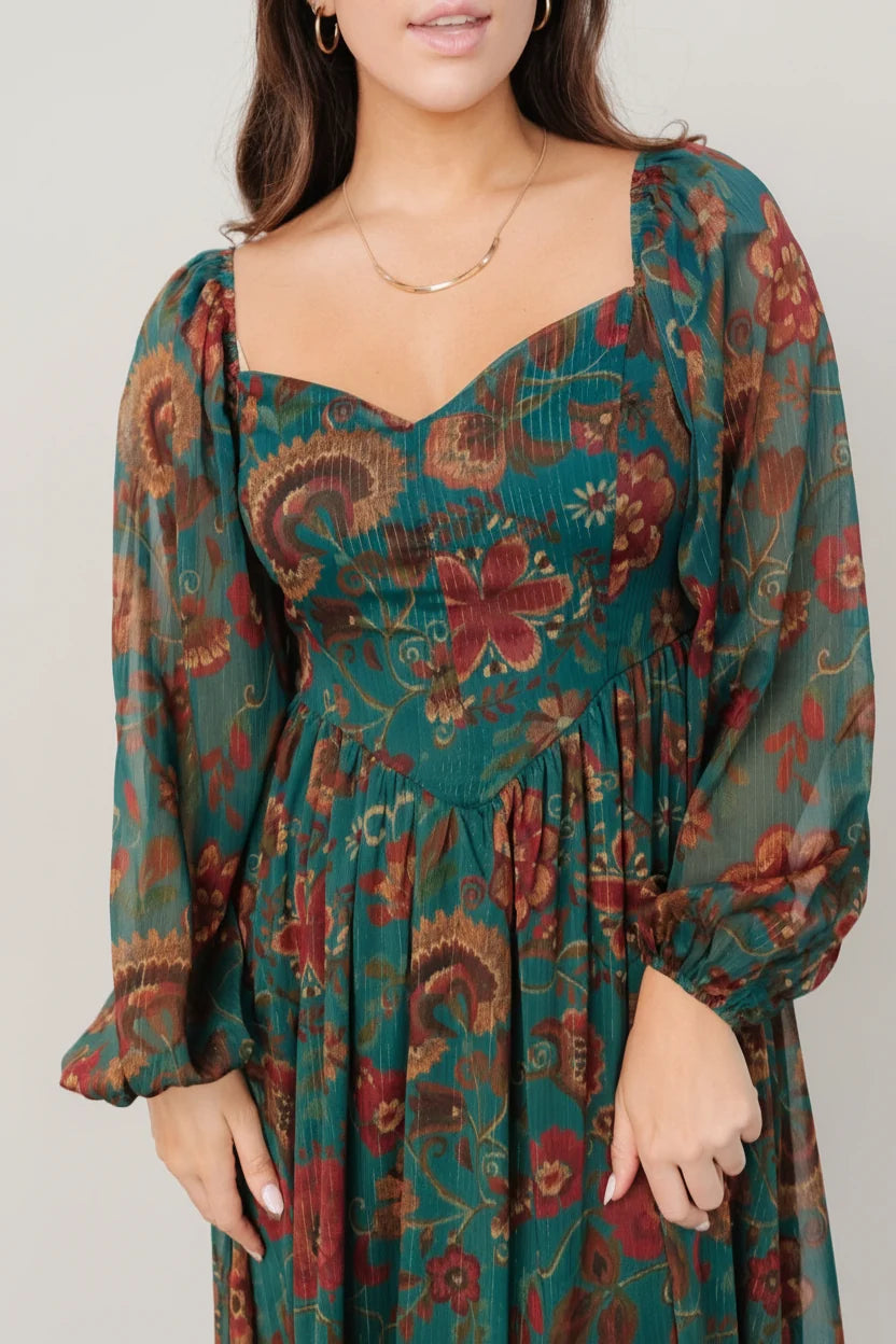 Babette Basque Waist Dress | Teal Multi Floral