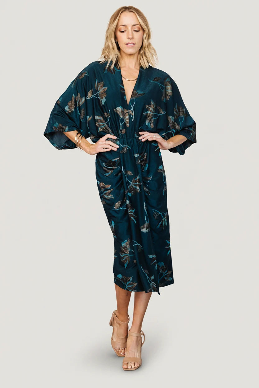 Shaneen Ruched Midi Dress | Jade Floral Shimmer