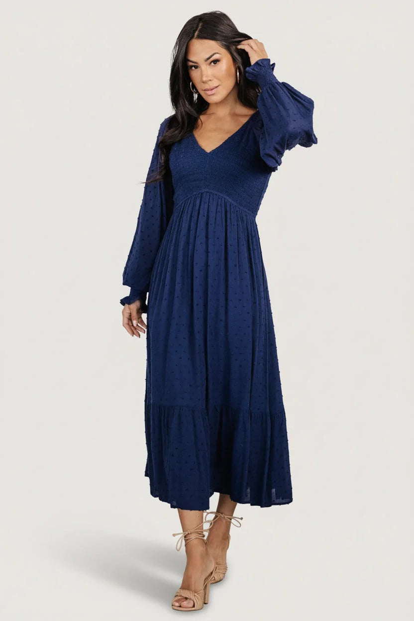 Lainey Smocked Dotted Midi Dress | Midnight Blue