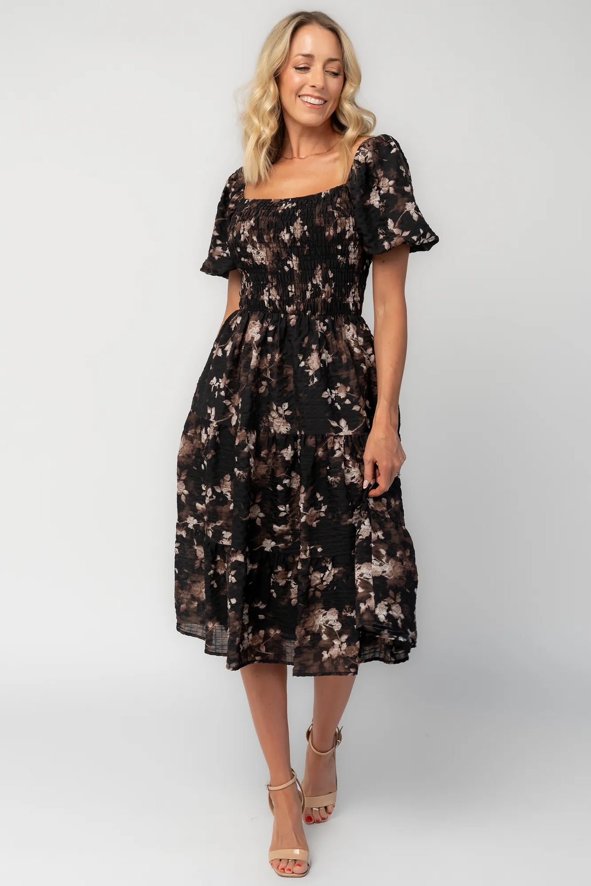 Mattea Smocked Midi Dress | Black Floral