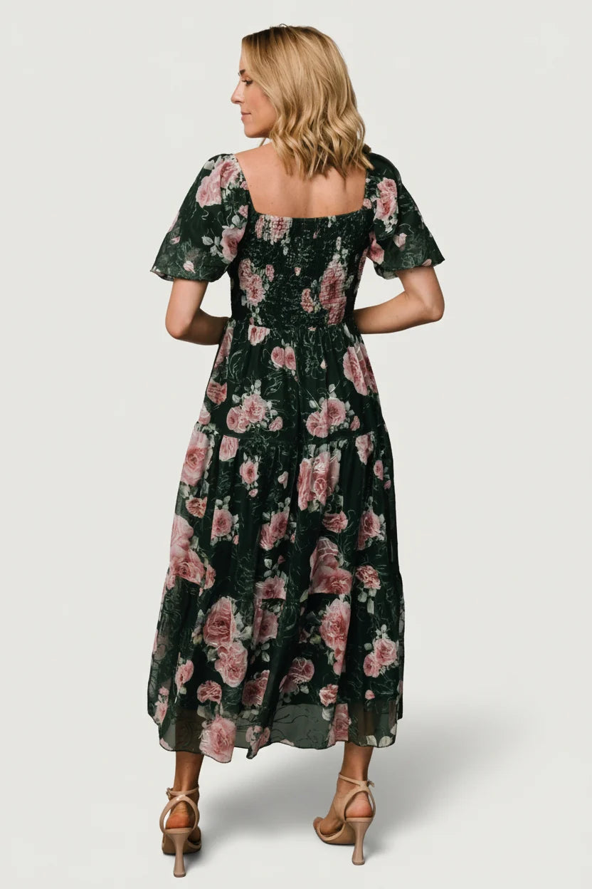 Annabeth Midi Dress | Dark Green + Pink