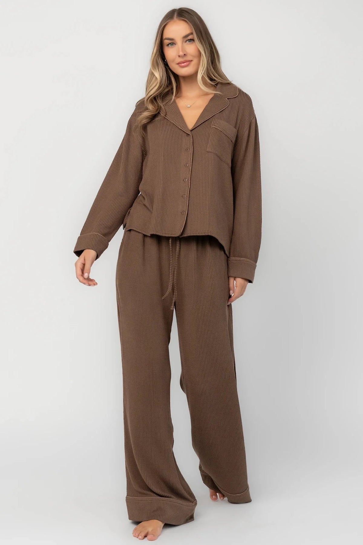 Eloise Ribbed Pajama Set | Brown