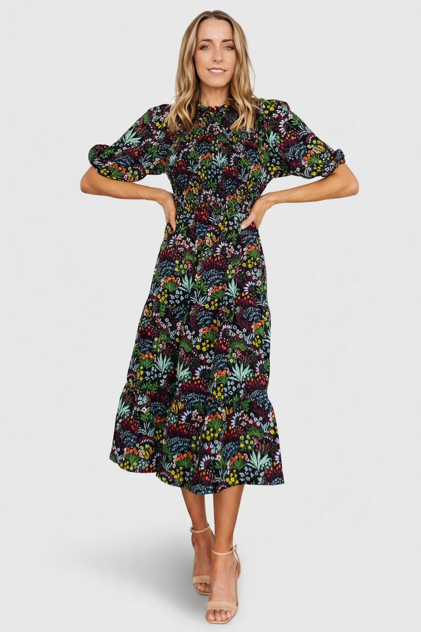 Lena Tiered Midi Dress | Black Multi Floral