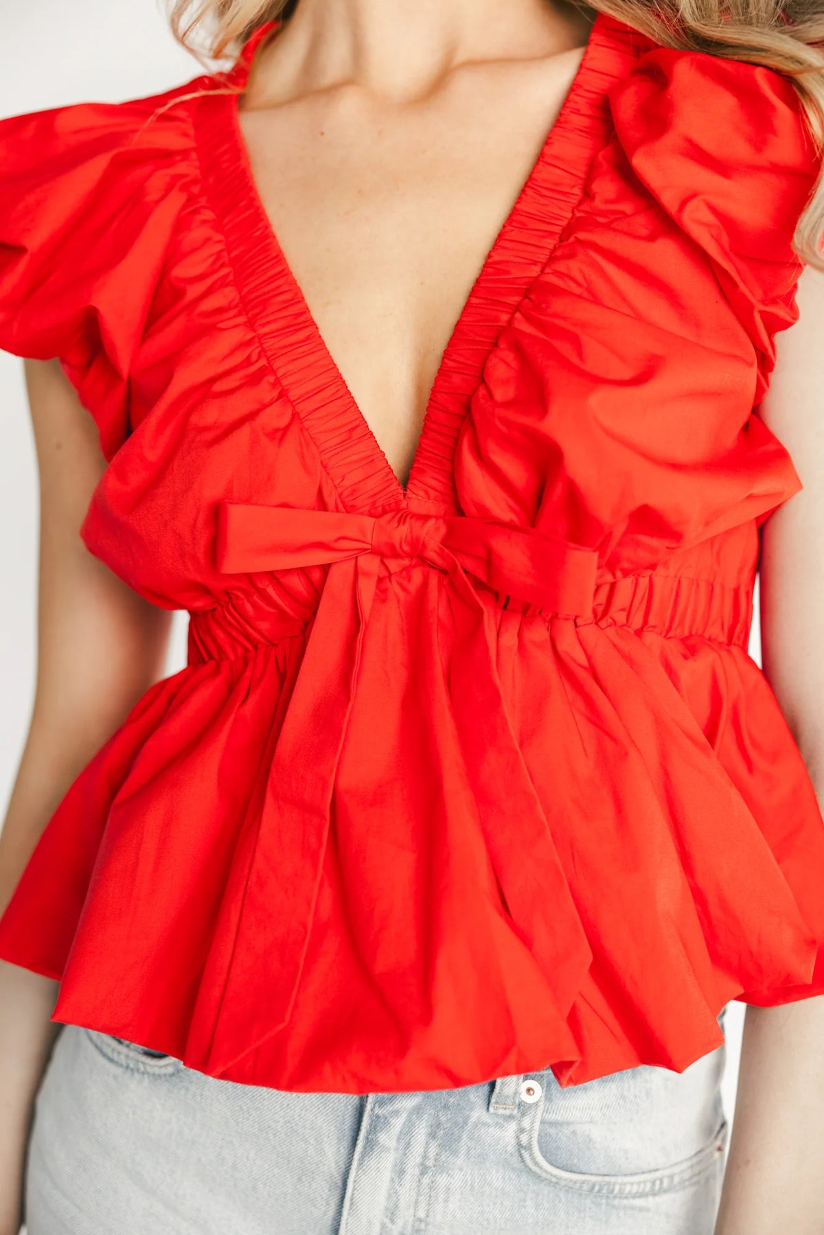 Norma Ruffle Peplum Top | Coral Red