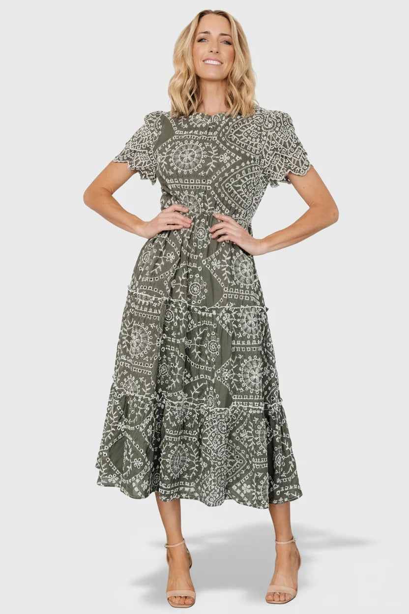Mirabel Eyelet Midi Dress | Olive + White