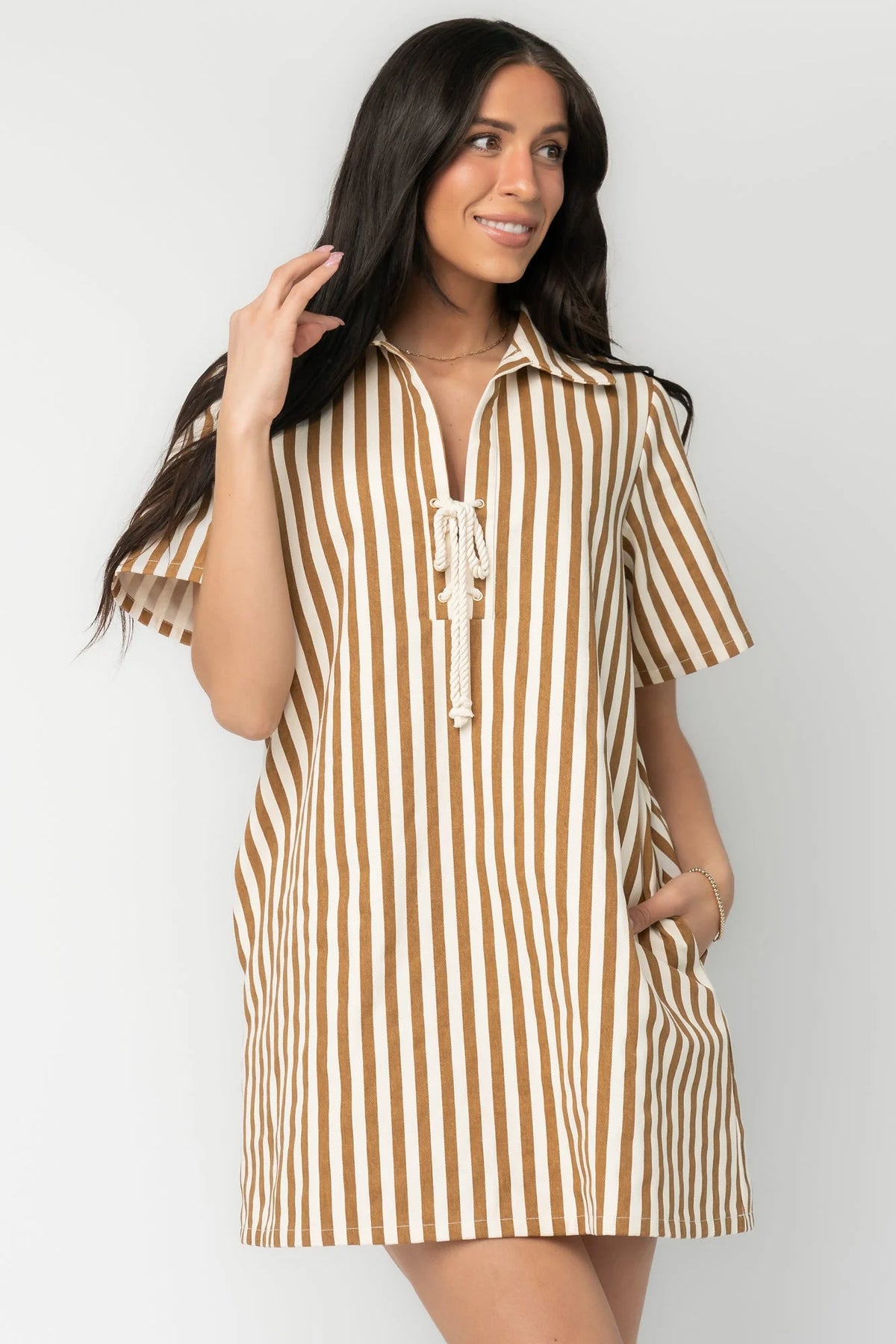 Kyler Striped Short Dress | Camel + Ivory